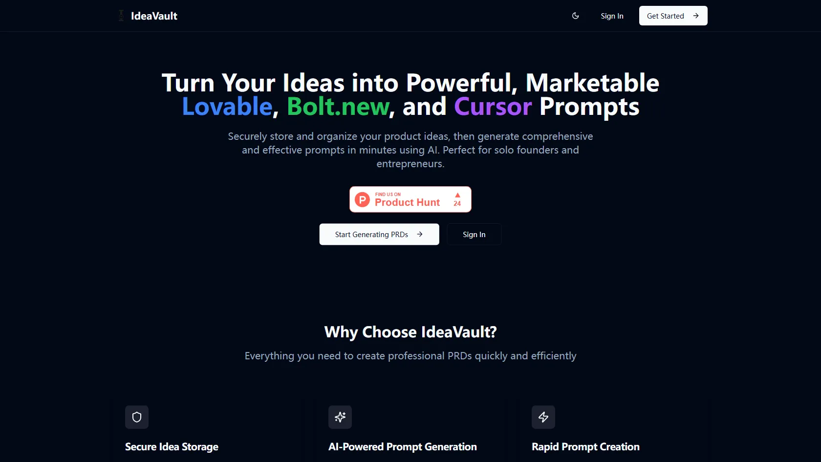 Screenshot or logo of IdeaVault tool