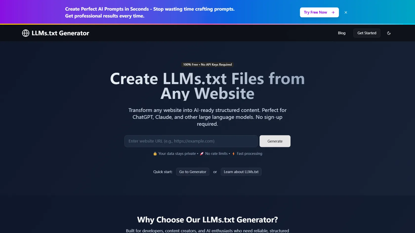 Screenshot or logo of LLMs.txt Generator tool