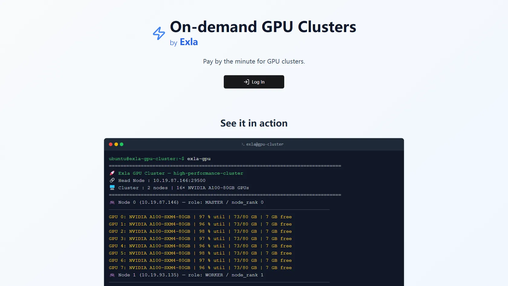 On-demand GPU clusters by Exla screen shot